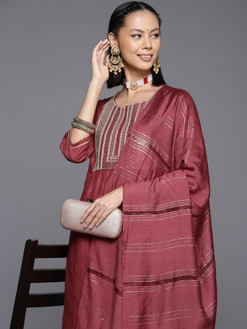 Varanga Rust Embroidered Kurta With Straight Pant And Dupatta